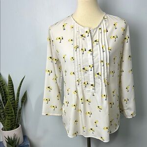 ❄️ Anthropologie Oat + Fawn Yellow Bird Print Blouse 3/4 Sleeve Size Small